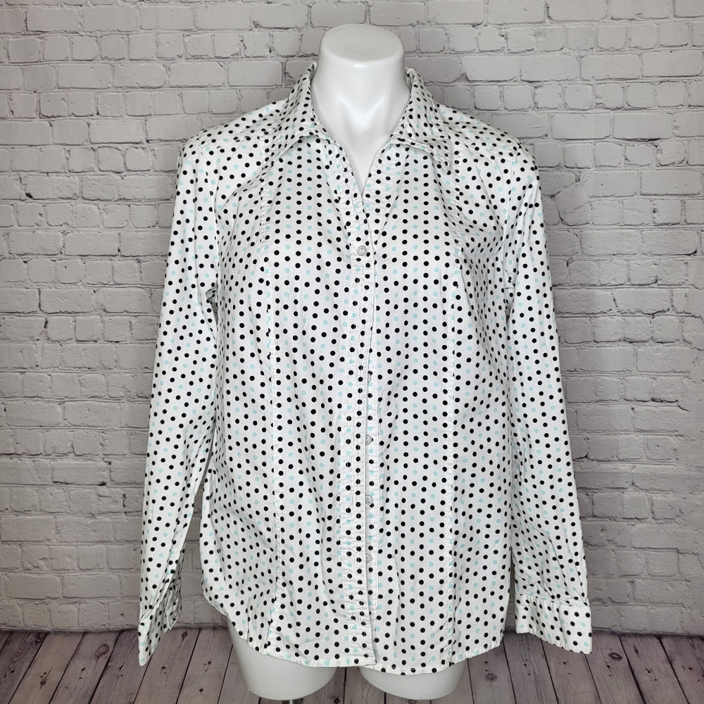 Christopher & Banks Black and Aqua Marine Polka Dot Button Down Shirt Size L